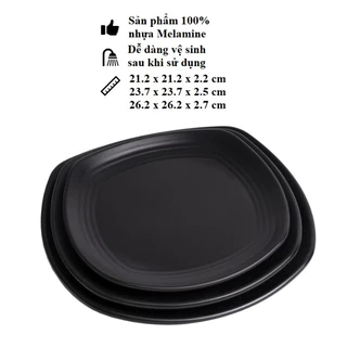 Dĩa vuông dày nhựa Melamine nhám đen nhiều Size