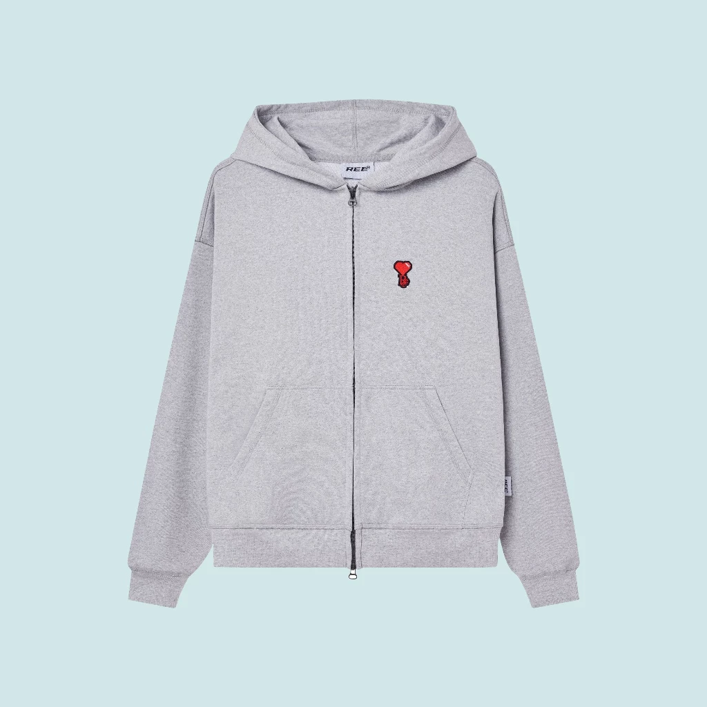 Local Brand Ree - Áo Hoodie Zip Form Boxy Thêu Trái Tim Màu Xám