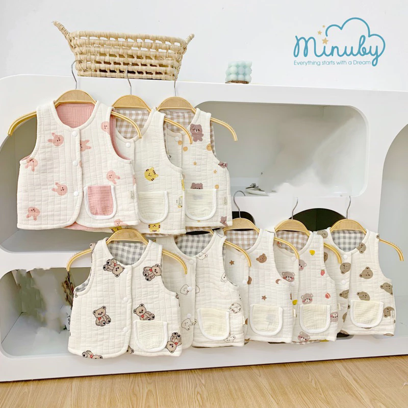 Áo gile trần bông musslin mặc được cả 2 mặt phong cách Hàn cho bé hãng Minuby Baby