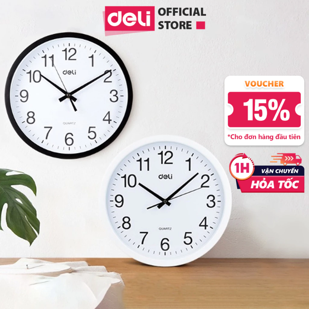 [Tặng Kèm Pin] Đồng Hồ Treo Tường Deli 30Cm Kim Trôi Quazt Cao Cấp Không Ồn Số To, Bảo Hành 12 Tháng
