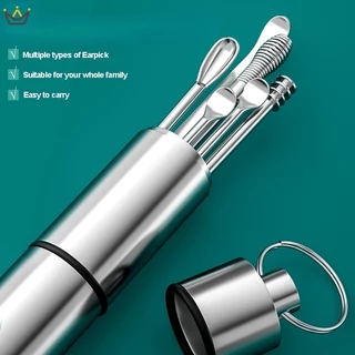 (Hộp móc khóa inox )Bộ Dụng Cụ Ngoáy Tai, Lấy Ráy Tai, Massage tai Inox 6 Món