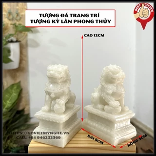 Tượng đá trang trí phong thủy Cặp 2 tượng Kỳ Lân trang trí phong thủy - Chiều Cao 12cm - Màu trắng đá non nước