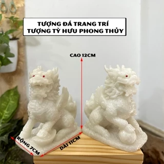 [Tượng Tỳ Hưu] Cặp 2 tượng đá trang trí Tỳ hưu phong thủy - 2 sừng - Chiều cao 12cm - Màu trắng đá non nước