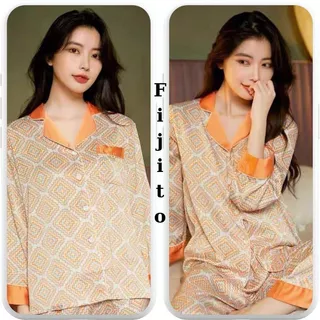 Bộ đồ nữ pijama đồ ngủ lụa dài tay màu cam sang chảnh Quảng Châu cao cấp FIJITO