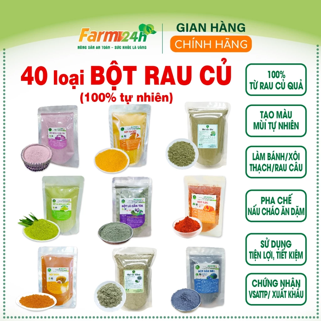 40 loại bột tạo màu thực phẩm hữu cơ rau củ quả lá nếp/lá dứa/gấc/dành dành/củ dền/trà xanh/ bí đỏ/ bồ ngót/ khoai lang