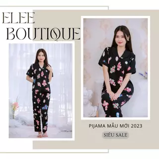 Đồ mặc ở nhà nữ dễ thương, bộ pijama chất liệu lụa mango cao cấp họa tiết LV đen