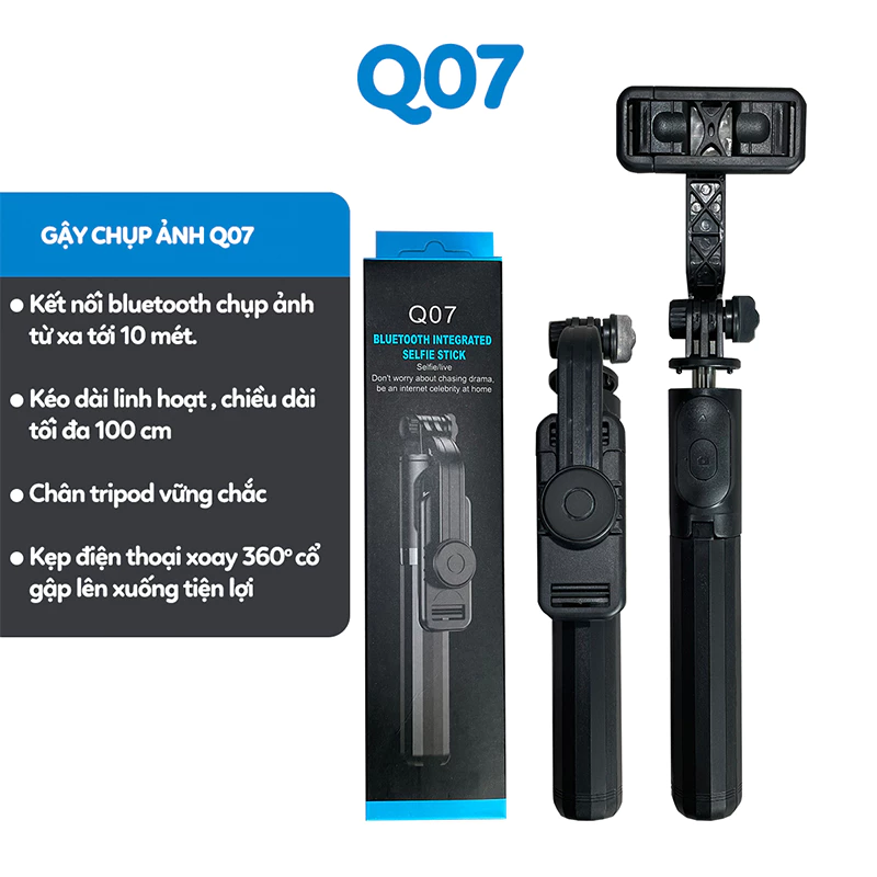 Gậy Chụp Ảnh 3 Chân Q07 100cm kèm Remote Chụp Hình từ xa - Gậy Tự Sướng Selfie - Trippod đa năng - Giá Đỡ Livestream