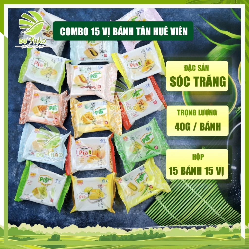 Combo 15 vị bánh pía kim sa Tân Huê Viên, bánh pía trứng chảy Sóc Trăng 40g mỗi bánh