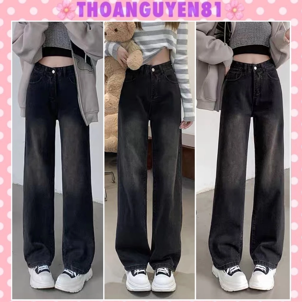 Quần jeans suông ống rộng đen nữ phong cách hàn quốc 2022
