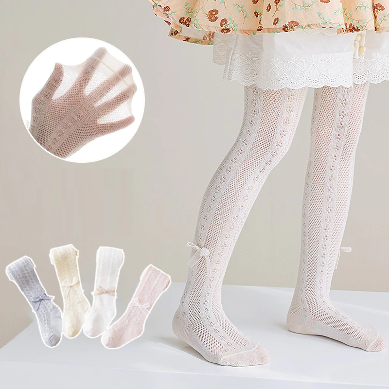 Quần tất lưới cho bé gái (M02), quần tất len cotton mỏng mềm đính họa tiết dễ thương size từ 0 đến 7 tuổi