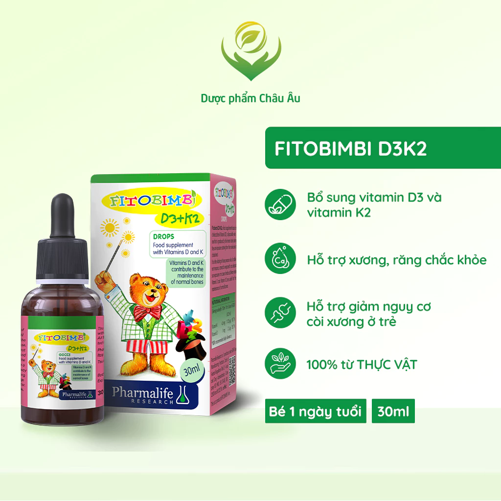 Siro FITOBIMBI D3K2 Hỗ Trợ Xương Răng Chắc Khoẻ Giảm Nguy Cơ Còi Xương Ở Trẻ Chai 30ml