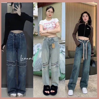 Quần jean bò ống suông rộng xuông nữ jeans đứng túi gối thêu chữ cạp cao phong cách hàn quốc