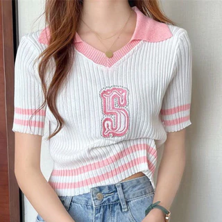 Áo kiểu, Áo polo croptop kiểu thun len gân nữ tay ngắn dáng ôm body cổ bẻ