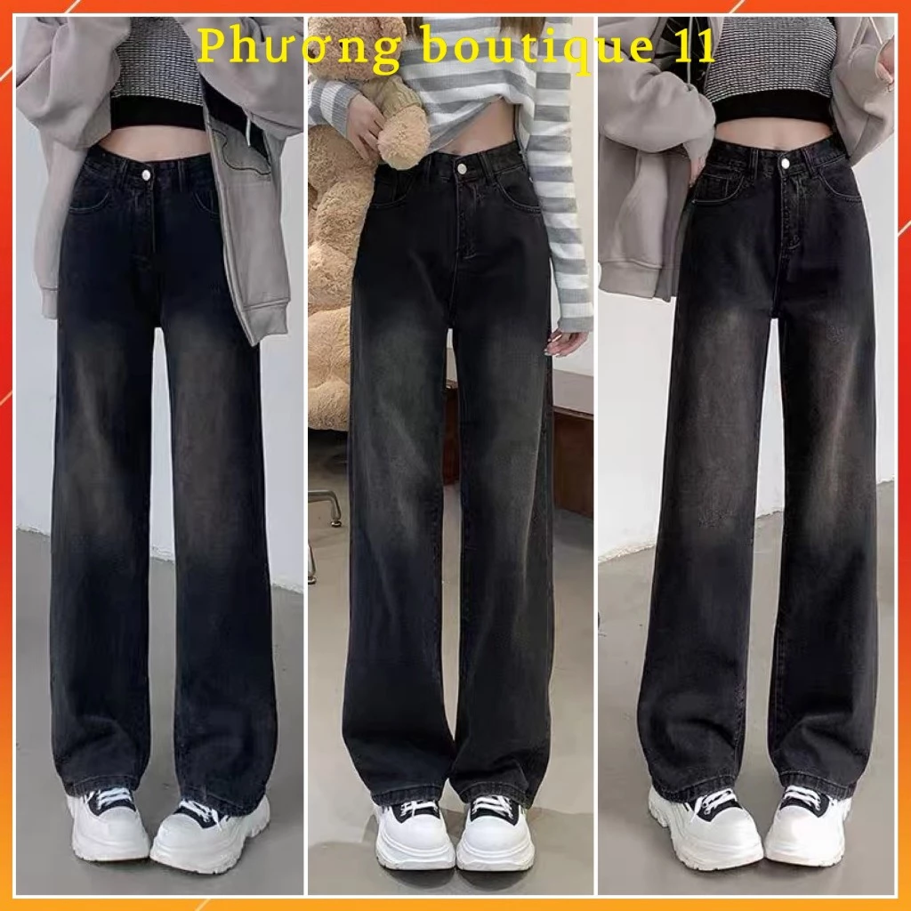 Quần jeans ống rộng nữ - quần bò suông nữ unisex dáng dài rách gối cạp cao