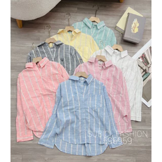 Áo Sơ Mi Kẻ Nhỏ Thêu Chất Cotton Phong Cách Hàn Quốc. Sơ Mi Nữ Kẻ Loang Phom Rộng Freesize