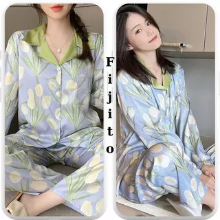 Bộ đồ nữ pijama bộ mặc nhà dài tay hoa Tulip xanh siêu sang chảnh hàng Quảng Châu cao cấp FIJITO