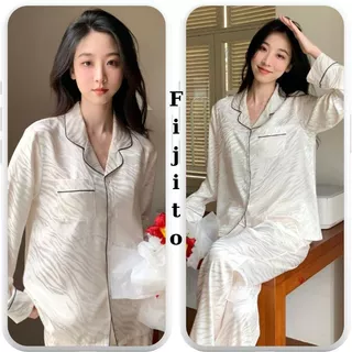 Bộ ngủ nữ pijama đồ ngủ lụa dài tay vân trắng sang chảnh, đồ ngủ dài tay hàng Quảng Châu cao cấp FIJITO