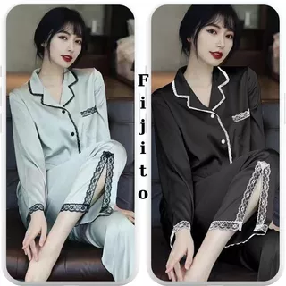 Bộ đồ nữ pijama bộ ngủ dài tay lụa phối ren xẻ ống siêu sang chảnh hàng Quảng Châu cao cấp FIJITO