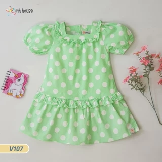 V107_Váy Cotton Xinh House cổ Vuông Tay Lửng In Họa Tiết Chấm Bi