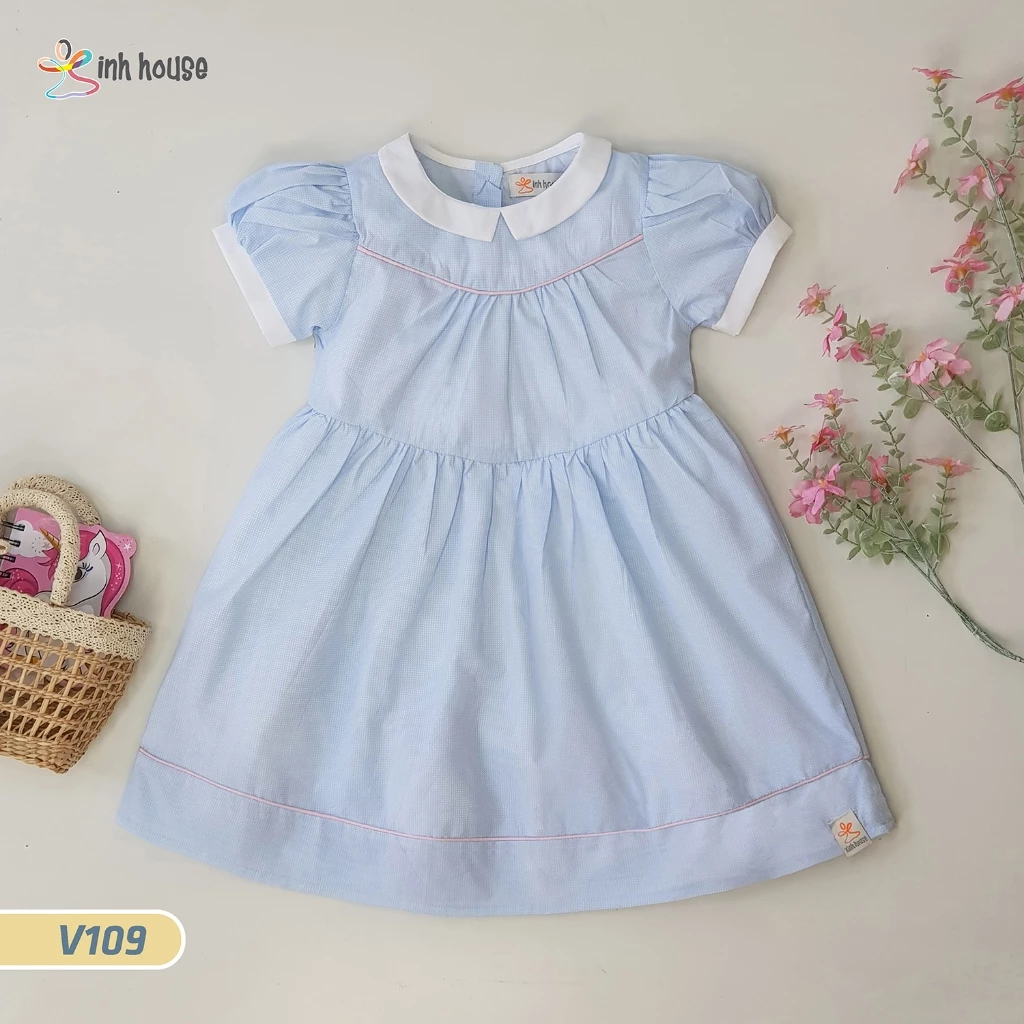 V109_Váy trẻ em Cotton Xinh House Dáng Suông Phối Viền Hồng Cho Bé Gái