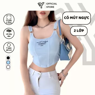 Áo 2 dây có mút ngực GenY form croptop may 2 lớp thiết kế phối khoen thêu chữ phía trước chất vải borip 2D9