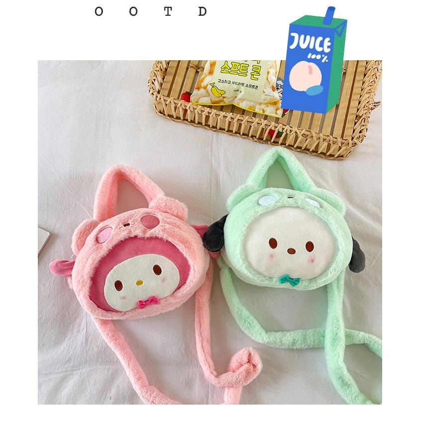 Túi Đeo Chéo Dây Nhung Gấu Sanrio Đội Mũ Đáng Yêu Dễ Thương