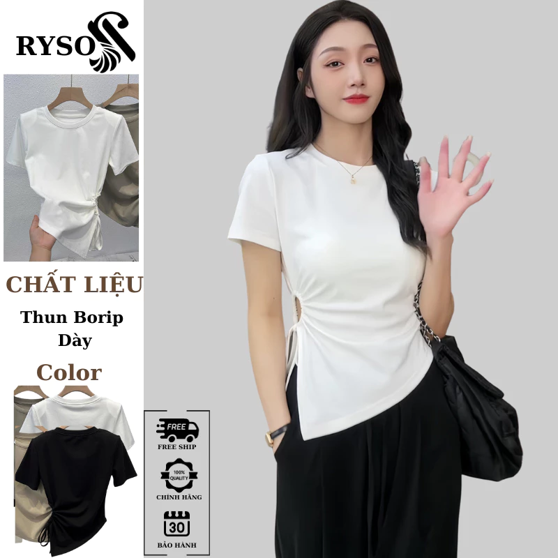 Áo Thun Khoét Bên Eo Vạt Nhọn RYSO FASHION Cộc Tay Rút Dây ￼Khoét Eo Chun Thắt Dây Phong Cách Hàn Quốc