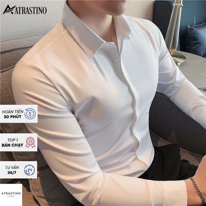 Áo sơ mi nam Atrastino dáng ôm cao cấp Chất liệu lụa , không nhăn, không xù, thoáng mát SM002
