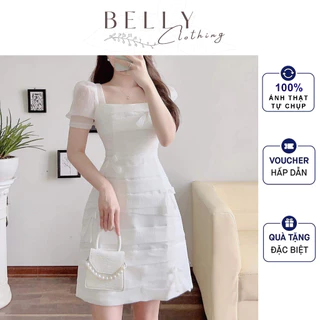 Váy Tơ Trắng Xếp Tầng BELLY CLOTHING, M36 Thiết Kế Cổ Vuông, Dáng Ngắn Form A Trẻ Trung, Năng Động