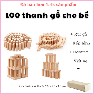 Bộ rút gỗ 100 thanh loại to xếp hình sáng tạo, mịn đẹp kích thước 7.5*2.5*1.5cm