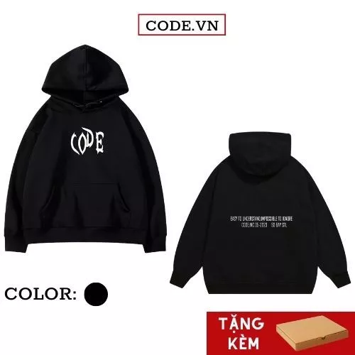 Áo hoodie nam nữ local brand Code chui đầu from rộng unisex cặp đôi nỉ bông cotton cao cấp bigsize màu đen có nón rộng