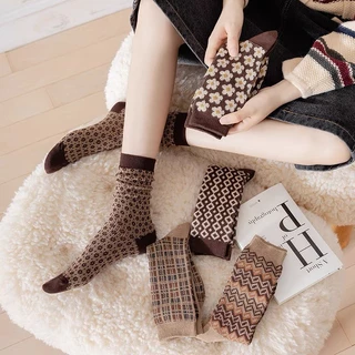 Set 5 Đôi Tất Cổ Cao Nữ Họa Tiết Thổ Cẩm Vintage, Vỡ Cổ Cao Vải Cotton Mềm Mịn Siêu Hot