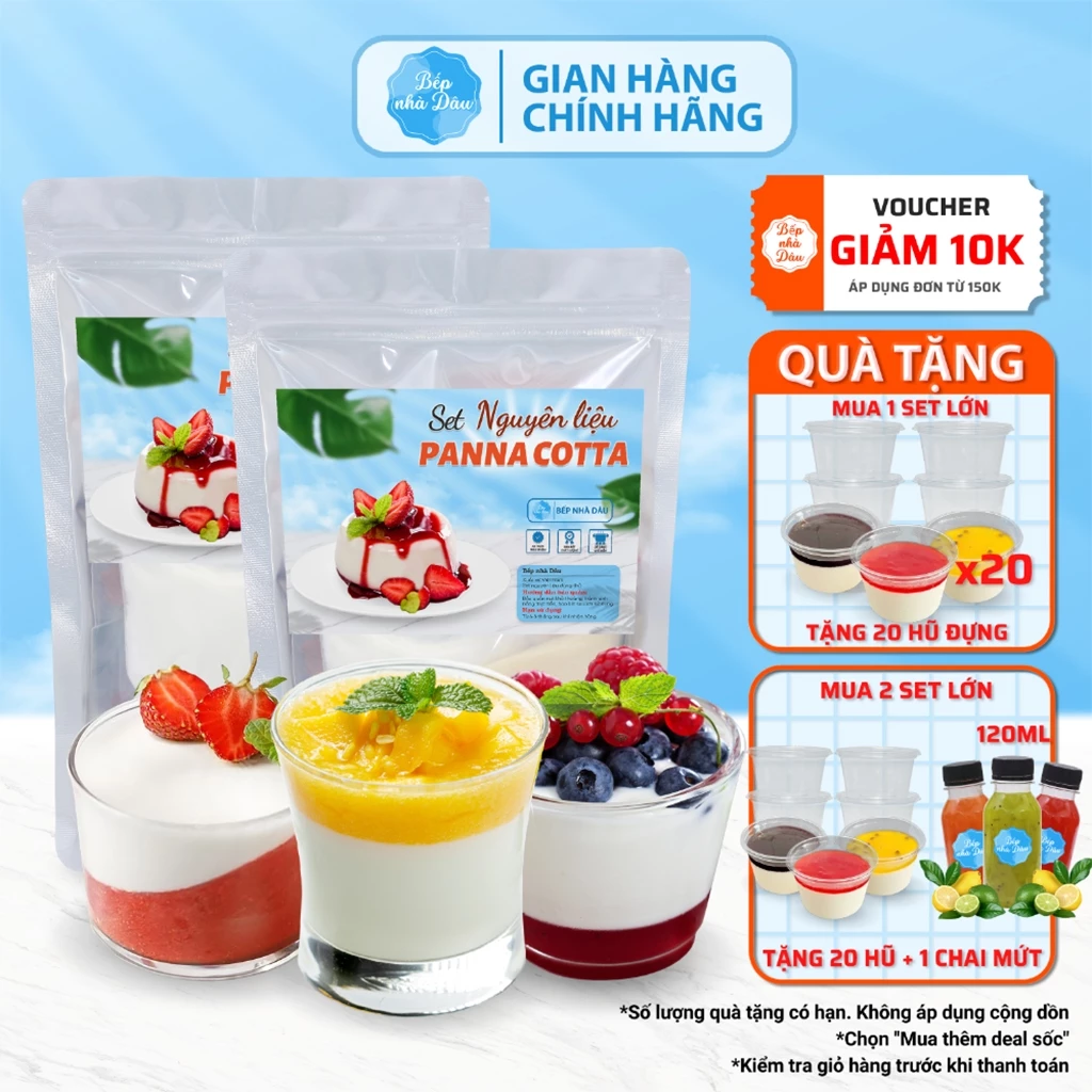 Set Panna Cotta Vị Dâu, Chanh Dây, Việt Quất Bếp Nhà Dâu Nguyên Liệu Panna Cotta Tự Nấu Ngon Núng Nính Béo Ngậy 20-25 Hũ