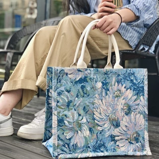 Túi xách nữ vintage vải canvas dệt họa tiết hoa vừa A4 laptop chống nước túi tote đa năng size lớn đựng quần áo Gọn Gàng