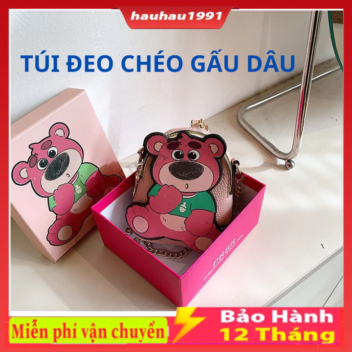 Túi Đeo Chéo Mini Cute Hình Gấu Dâu Bằng Da, Đựng Ví Son mỹ Phẩm Hàng Đẹp.