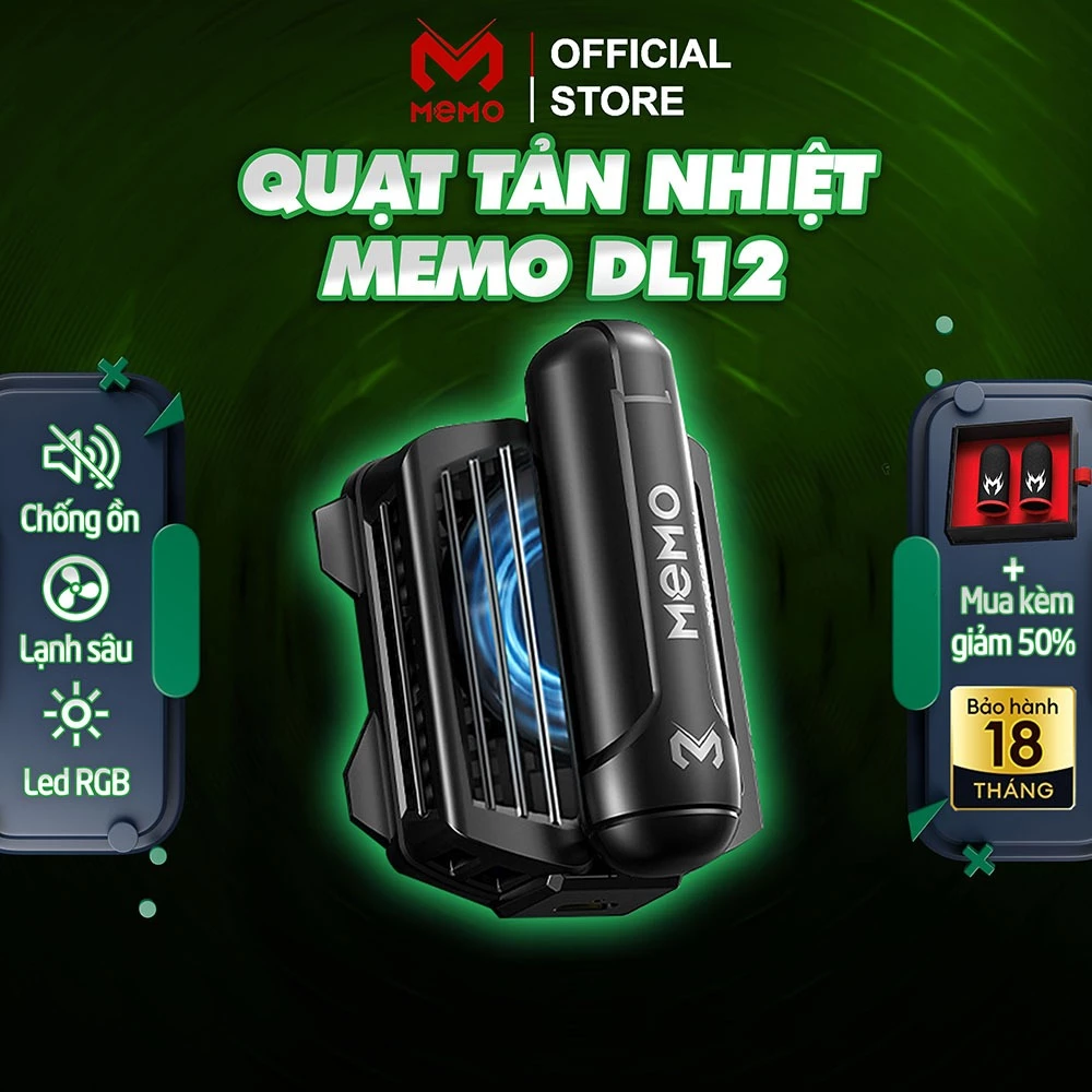 Quạt tản nhiệt điện thoại sò lạnh pin MEMO DL12 gaming làm mát nhanh gắn ốp led rgb chống ồn chơi game Liên Quân FF COD