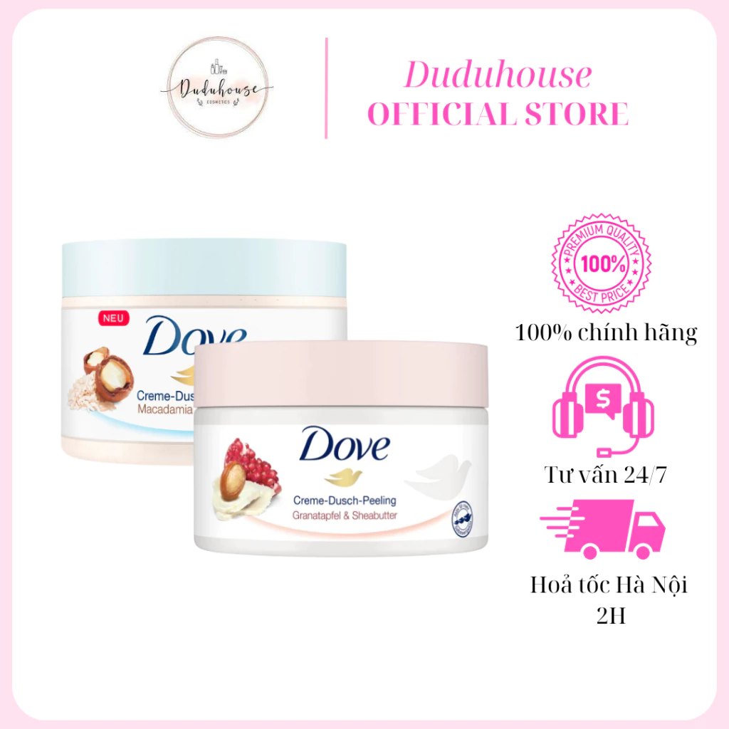 Tẩy Da Chết Toàn Thân Dove Exfoliating Body Polish Chiết Xuất Macca, Lựu 225g bản Đức Duduhouse