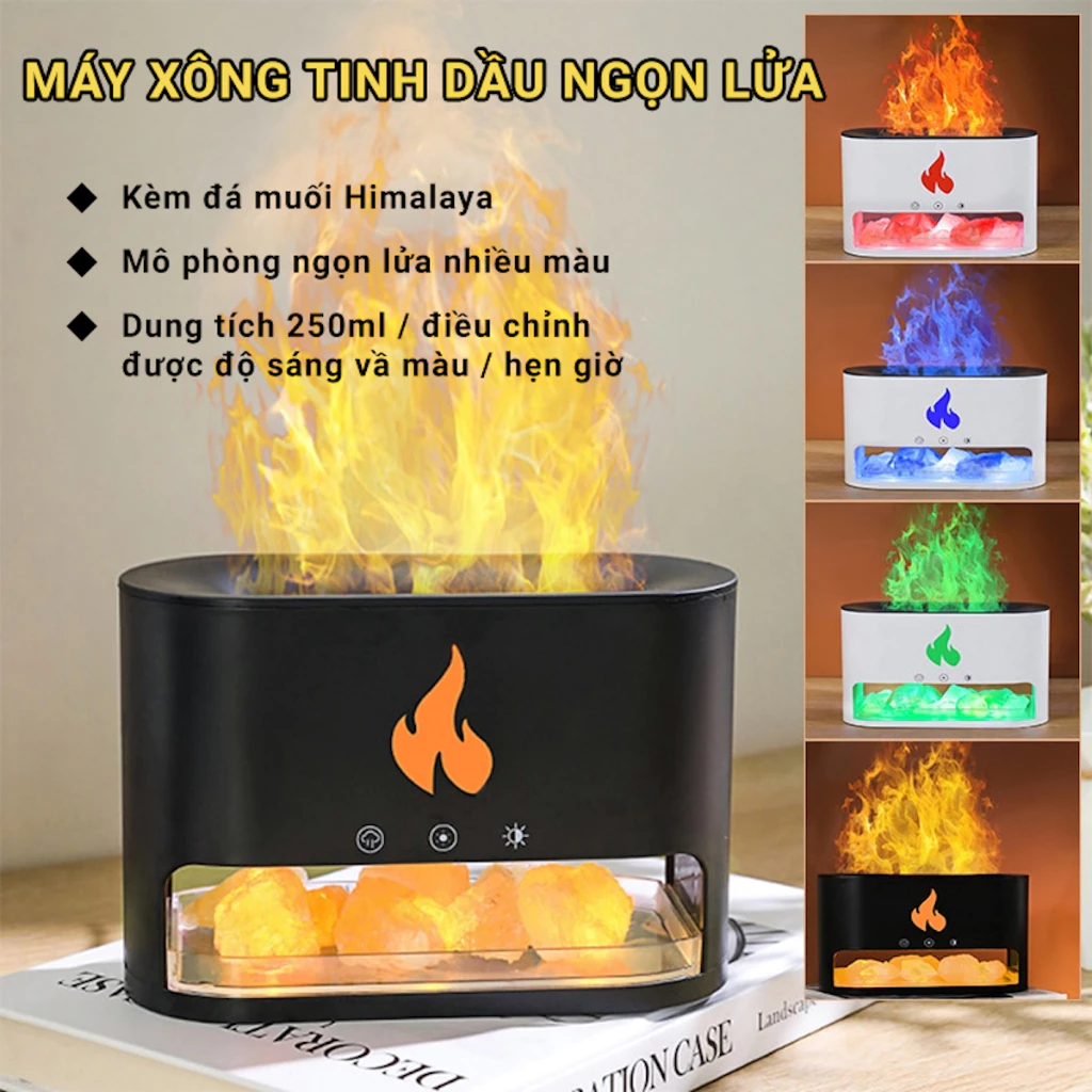 [Tặng kèm tinh dầu + đá muối] Máy xông tinh dầu hình ngọn lửa - LED 7 màu ngọn lửa - Công dụng tạo ẩm trang trí - BH 12T