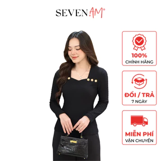 Áo thun kiểu tay dài đen cổ vuông basic thời trang nữ Seven.AM OA0082I