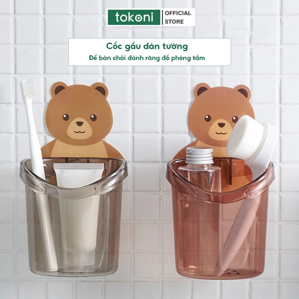 Cốc Dán Tường Để Bàn Chải Đánh Răng JYoohome Cốc Nhà Tắm Hình Gấu Có Lỗ Thoát Nước Tiện Lợi