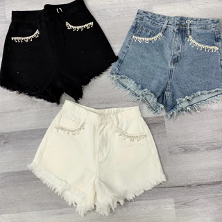 Quần đùi short jean nữ lưng cao viền cờm túi