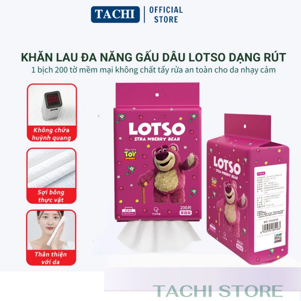 Khăn lau mặt khô đa năng gấu dâu TACHI STORE dùng một lần gói lớn 200 tờ mềm mại tiện lợi dùng cho mọi loại da