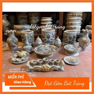 Đồ Thờ Cúng - Bộ thờ cúng men rạn đắp nổi gốm sứ Bát Tràng