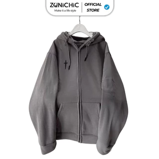 Áo Hoodie Zip Nỉ Chữ Thập Bông Nam, Nữ Basic Unisex Nỉ From Rộng Màu Đen, Xám, Rêu Zunichic HDCT630