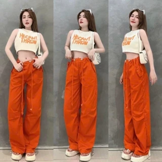 Set đồ nữ áo croptop ba lỗ mix quần suông rộng với tone màu cam cá tính, sexy, xinh xắn, độc đáo D018