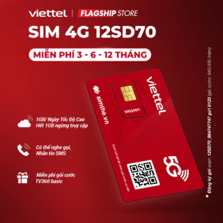 [FREE 12 Tháng] Sim 4G Viettel 12SD70 Data 1GB/Ngày (30GB/Tháng) Băng Thông Tốc Độ Cao. Trọn Gói 1 Năm Không Nạp Tiền