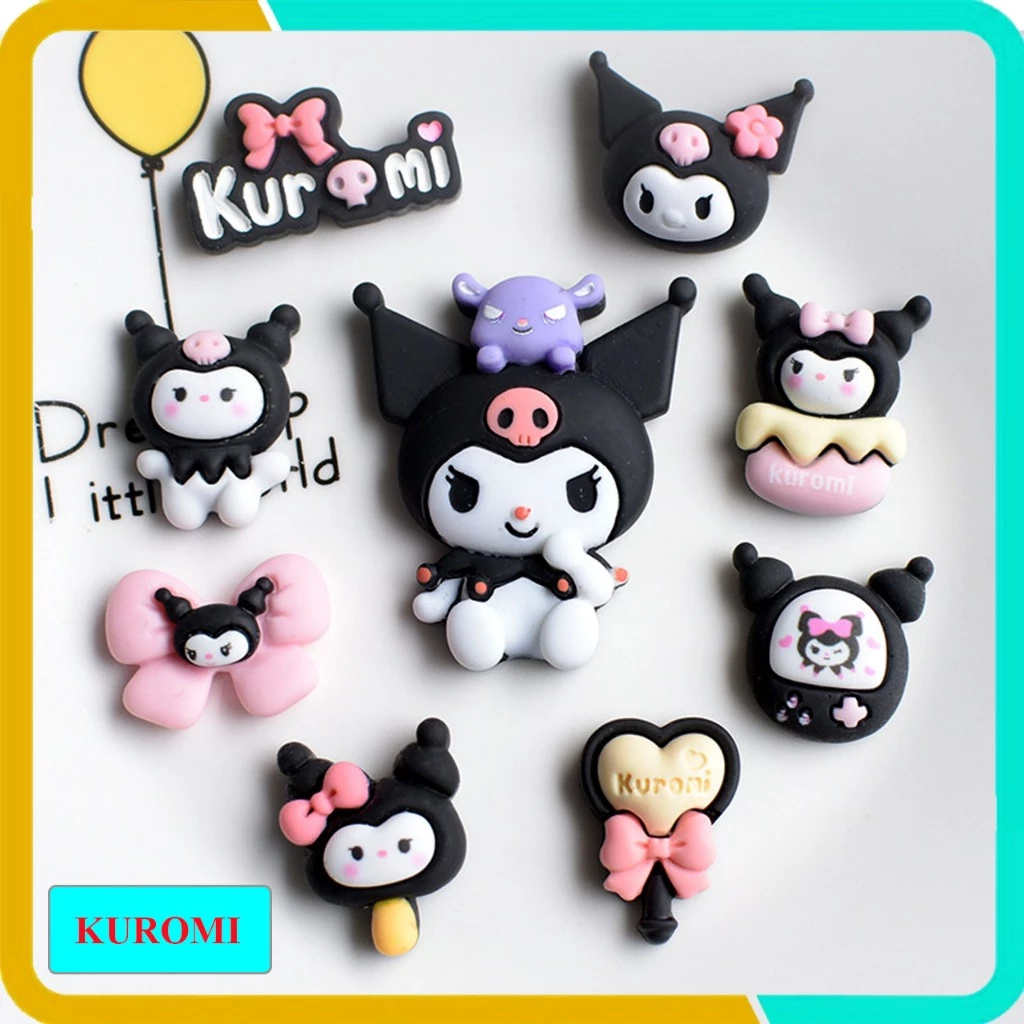 Jibbitz, Charm,Sticker Hình Kuromi Đen (Đã Có Sẵn Nút Gắn Vào Dép), Bộ 9 Cái, Chất Liệu Nhựa Cứng