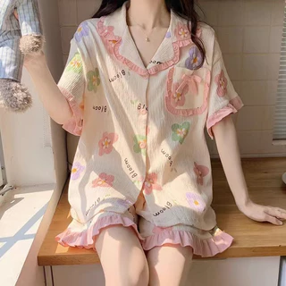 [Order] Bộ cộc đùi cotton gân cao cấp cổ bèo dễ thương mặc nhà, pyjama xinh xắn