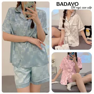 Đồ ngủ nữ pijama lụa cộc tay quần đùi mềm mịn in họa tiết caro cao cấp hàng Quảng Châu BADAYO