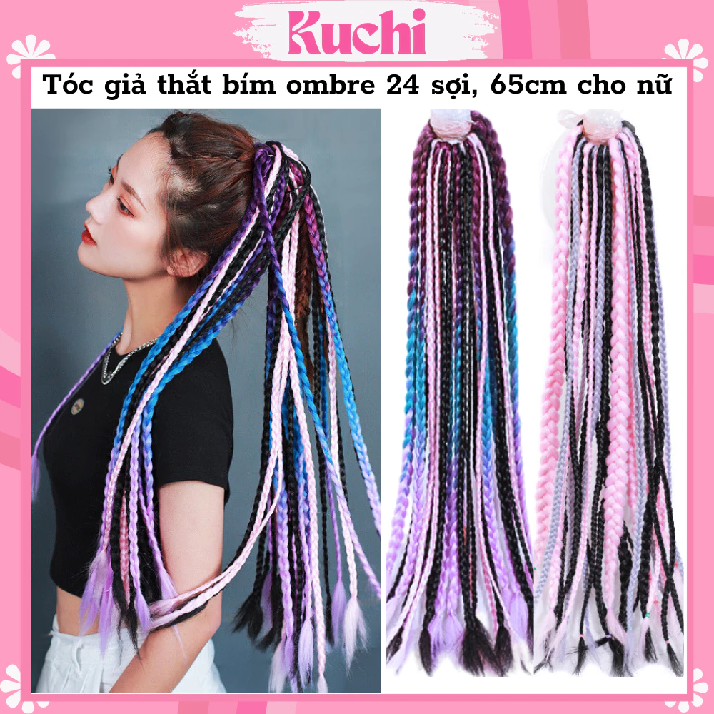 Tóc giả thắt bím, tóc tết giả ombre 24 sợi, 65cm nhiều màu cho nữ